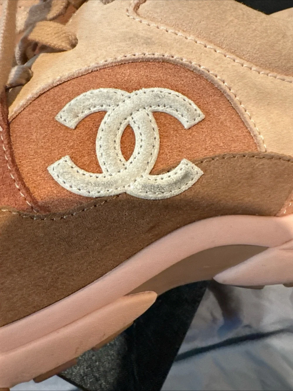 CHANEL Pink & Beige Suede Sneakers